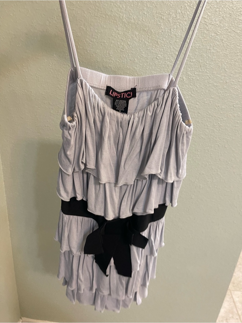 Lipstik Tiered Ruffle Spaghetti Strap tank in Light Gray with Black Waist Bow
